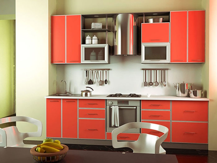 Кухня с фасадами ДСП в алюминиевом профиле красная